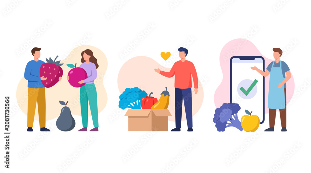 Fototapeta premium Diverse people holding giant fresh organic fruits and vegetables with mobile phone app illustration, symbolizing healthy lifestyle habits and representing digital grocery delivery services