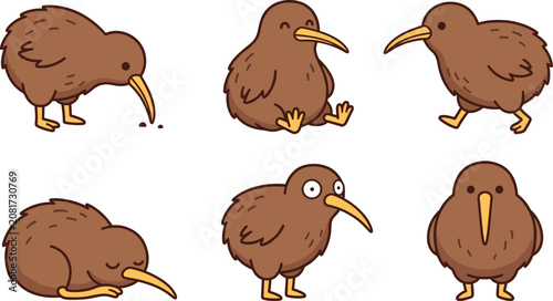 Obraz na płótnie Kawaii kiwi bird icon collection with different funny emotions and poses for chi