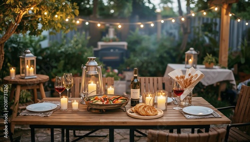 Dinner Party Setup in a Garden With Lights and Food at Twilight