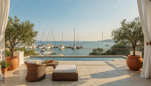 Scenic View From a Terrace Overlooking Boats in the Water During Sunset