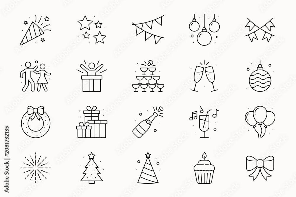 Fototapeta premium Set of twenty thin line for party and celebration featuring balloons, gifts, champagne, fireworks, and decorations on white background