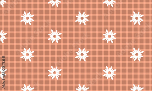 Seamless pattern with white flowers on terracotta plaid check background
