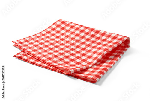 Red napkin on white background. Folded red-and-white gingham kitchen towel isolated.
