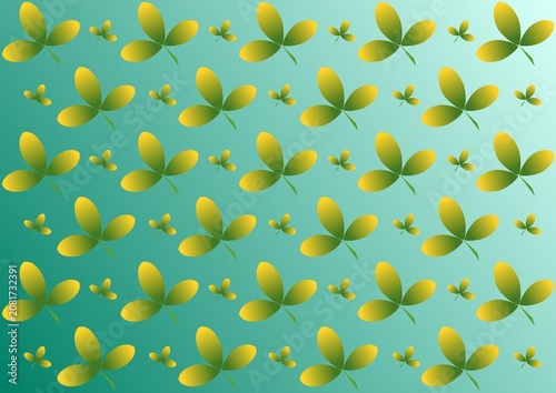 Yellow green leaf silhouettes seamless pattern on teal gradient background, fresh spring botanical nature illustration.