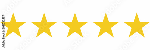 A horizontal row of five identical golden five-pointed stars arranged in a straight line on a clean white background, for festive use