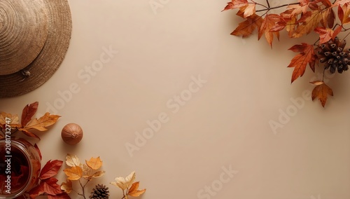 Autumn Leaves and Natural Decor on a Simple Surface With a Straw Hat and a Jar