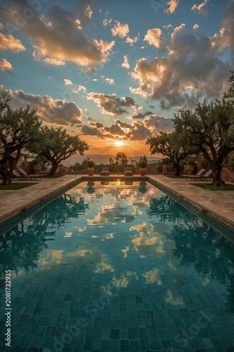 Sunset Over a Pool Reflecting Clouds and Trees in a Quiet Outdoor Space