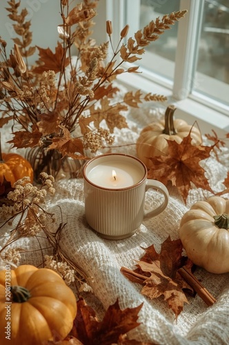 Cozy Autumn Setting With Candle, Pumpkins, and Dried Flowers on a Soft Blanket