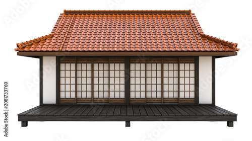 Obraz na płótnie Traditional Japanese house with tiled roof and wooden porch, isolated on transpa