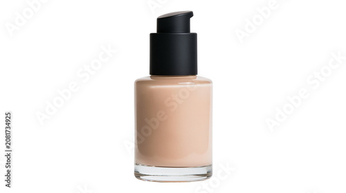 Clear glass bottle with black pump dispenser filled with liquid foundation, isolated on transparent background