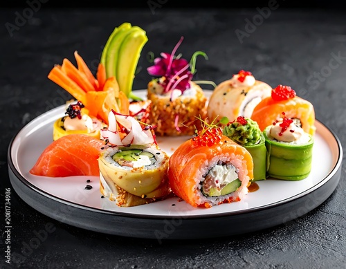 Elegant sushi assortment on a dark surface