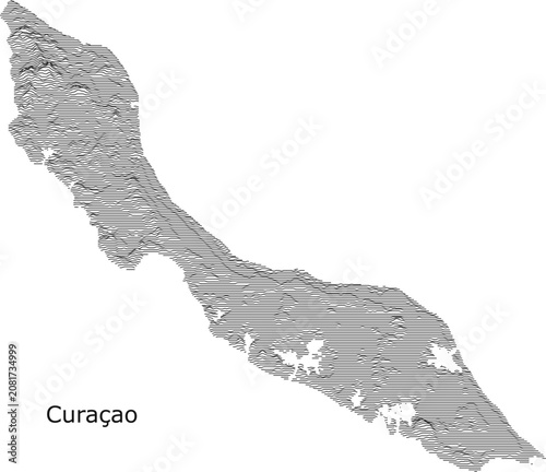 High-contrast, joy-plot style typographic map of Curaçao, showcasing the elongated island profile and elevation contours using stacked ridge lines.