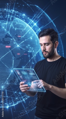 Software engineer interacting with holographic tablet interface. Global communication network and digital planet earth background.