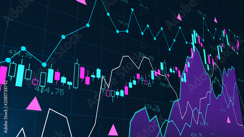 Global stock market growth analysis with digital candlestick chart and financial trading on futuristic screen