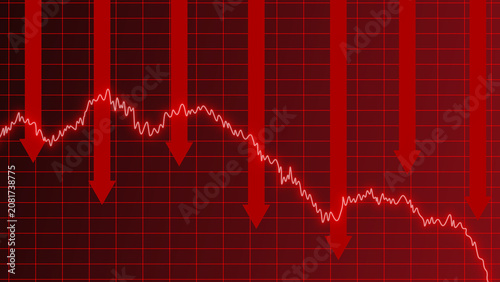 Financial crisis chart, red line arrow graph falling with downward arrow symbolizing stock market crash, economic recession, and global investment collapse