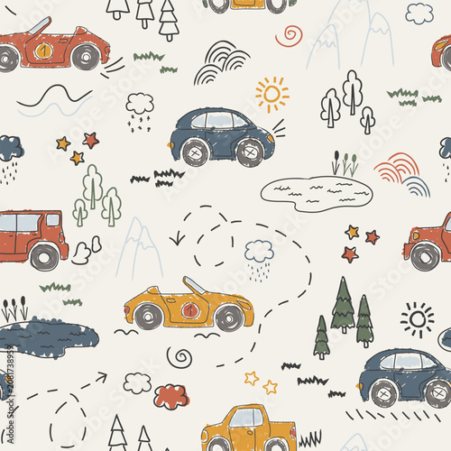 Cute scandinavian boy nursery seamless pattern with vintage racing cars, mountains and trees in retro boho colors.