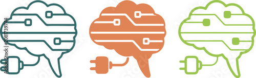 Hand drawn illustration set of digital brain icons with circuit board patterns and power plugs, isolated on transparent background for tech design.