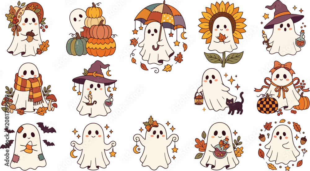 Fototapeta premium Set of cute ghost stickers for autumn and halloween featuring pumpkins sunflowers witch hats and fall leaves in watercolor style illustration