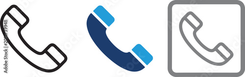 Set of three phone icons, telephone communication symbols, flat vector illustration design, handmade style graphic elements, isolated on white background