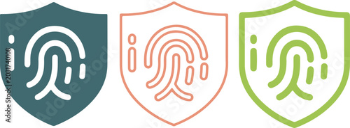 Set of three fingerprint shield icons, biometric security symbols, flat vector illustration design, handmade style graphic elements, isolated on white