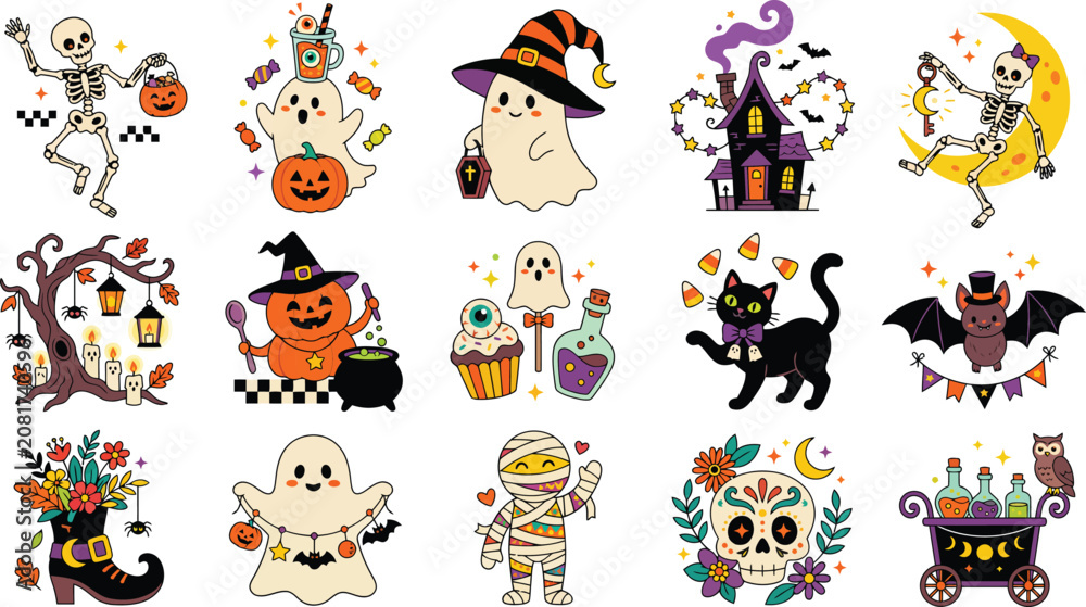 Fototapeta premium Set of cute watercolor halloween stickers featuring skeletons pumpkins ghosts black cats bats haunted houses and festive autumn holiday party elements