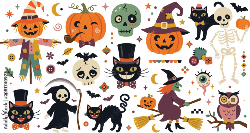 Fototapeta premium A festive collection of cute halloween themed illustrations featuring pumpkins cats skulls a witch a skeleton and a grim reaper character