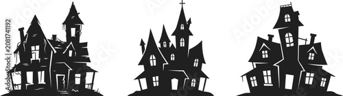 Εκτύπωση καμβά Collection of spooky haunted house silhouettes on white background for halloween