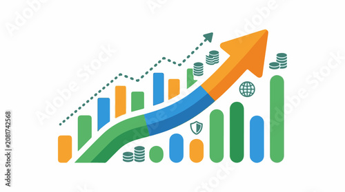 A colorful bar chart with an upward trend arrow and coins