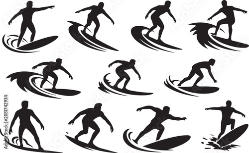 Canvas Print Surfer silhouettes in various surfing poses
