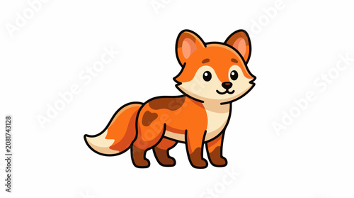 A cute cartoon fox with orange fur and brown spots stands