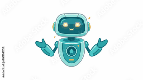 A cute friendly cartoon-style robot with glowing eyes and open arms