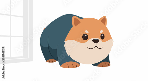 A cute chubby cartoon dog in a blue vest looks forward