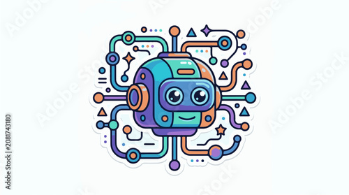 A cute colorful cartoon robot with circuits and geometric shapes