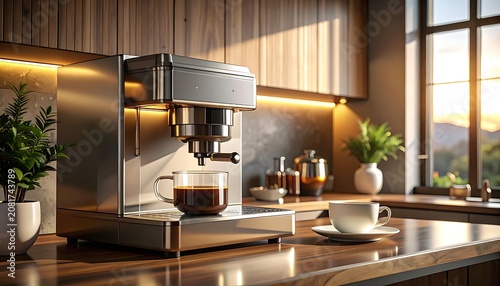 Espresso machine brewing coffee in modern kitchen
