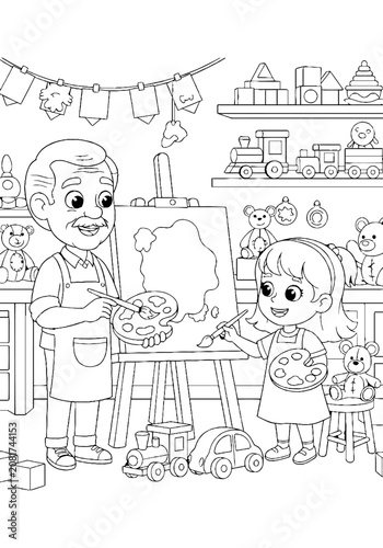 Grandfather and granddaughter painting together in a playful room.