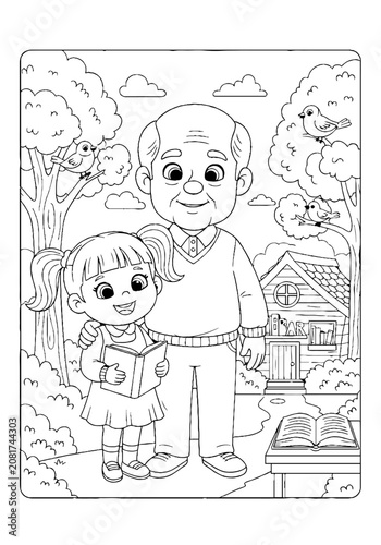 Grandfather and granddaughter in a park setting.