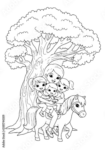 Children riding a horse under a large tree illustration.