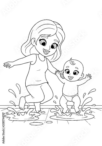 Woman and baby playing in puddles together.