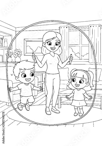 Family illustration with mother and two children indoors.