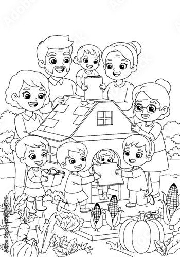 Happy family playing together in front of a house.