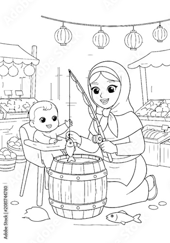 Woman and child fishing in a barrel at market.