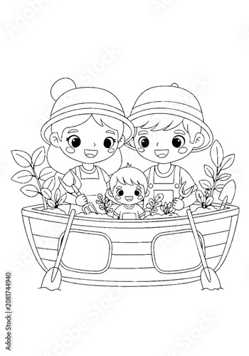 Two children in a boat with flowers and a cat.