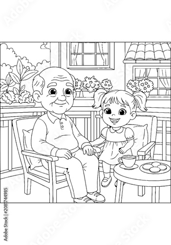 Elderly man and young girl sharing tea indoors.