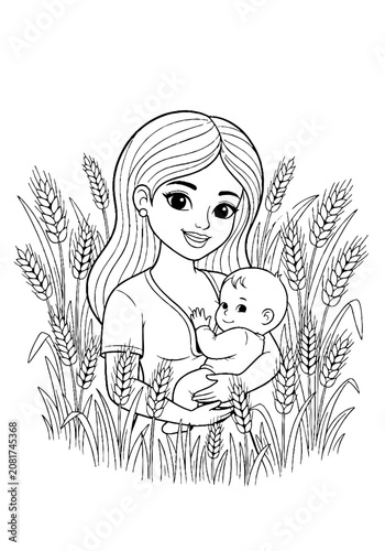 Mother holding baby surrounded by wheat stalks illustration.
