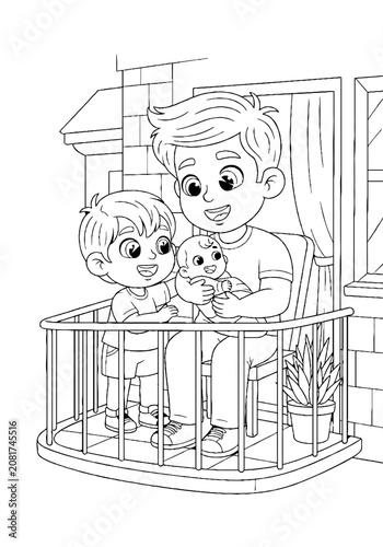 Two boys holding a small kitten in a playpen.