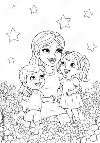Happy family with two children in a flower field illustration.