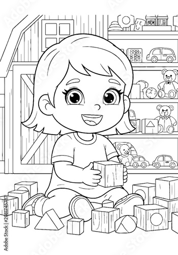Happy child playing with colorful building blocks in a toy room.