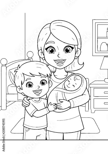 Family illustration of mother holding baby with young boy.