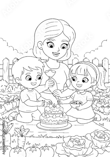 Family Celebrating Birthday with Cake in Garden.