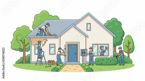 A house renovation scene with workers